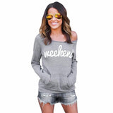 Fashion Gray Women Blouse 'Weekend'Letters Printed Strapless Long Sleeve Sweater