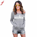 Fashion Gray Women Blouse 'Weekend'Letters Printed Strapless Long Sleeve Sweater